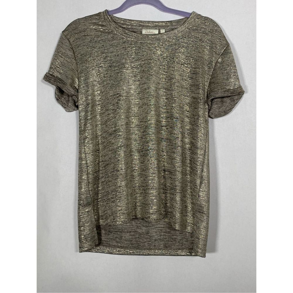 Deletta Anthropologie Women's Gold Metallic Shimmer Short Sleeve Top Siz…